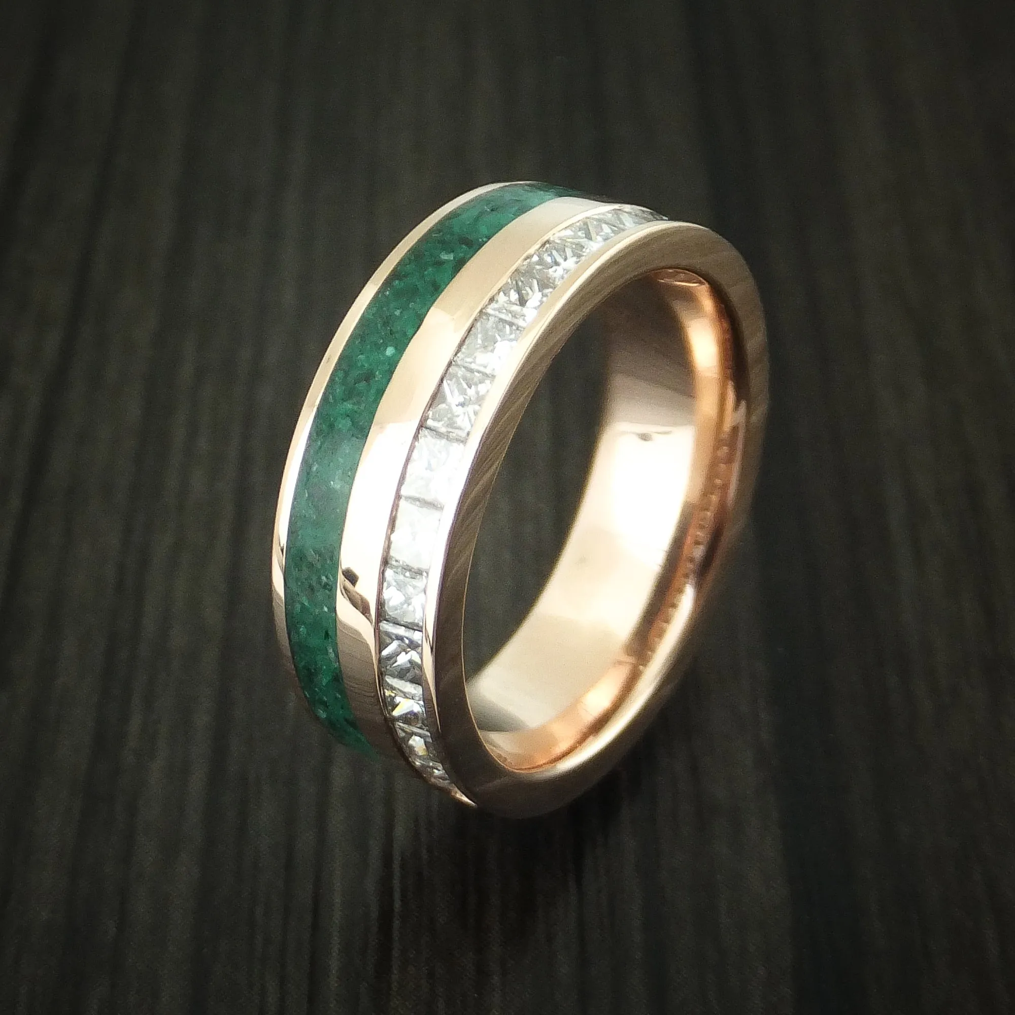 14K Rose Gold Men's Band with Half Eternity Diamonds and Malachite Stone Inlay Custom Made