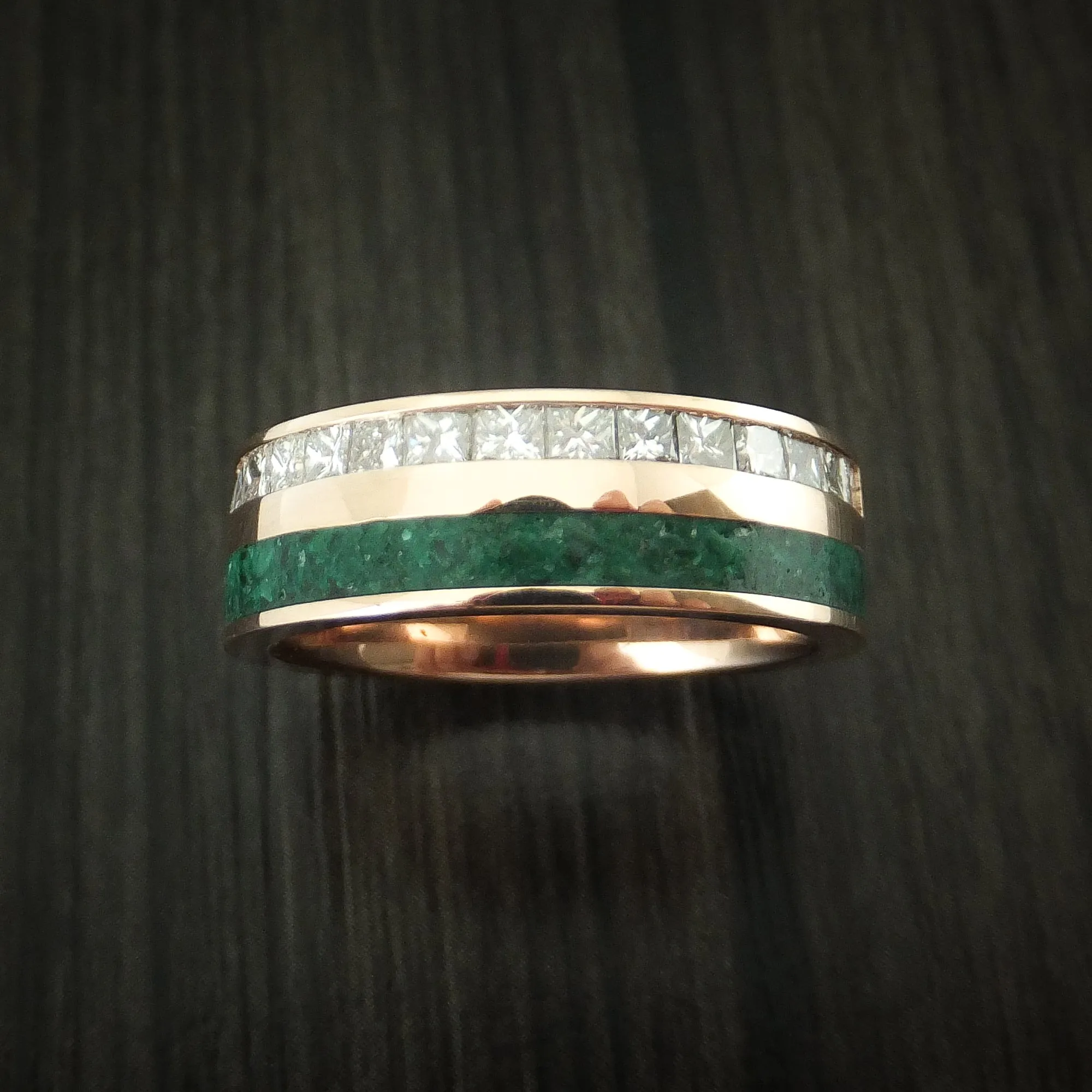 14K Rose Gold Men's Band with Half Eternity Diamonds and Malachite Stone Inlay Custom Made