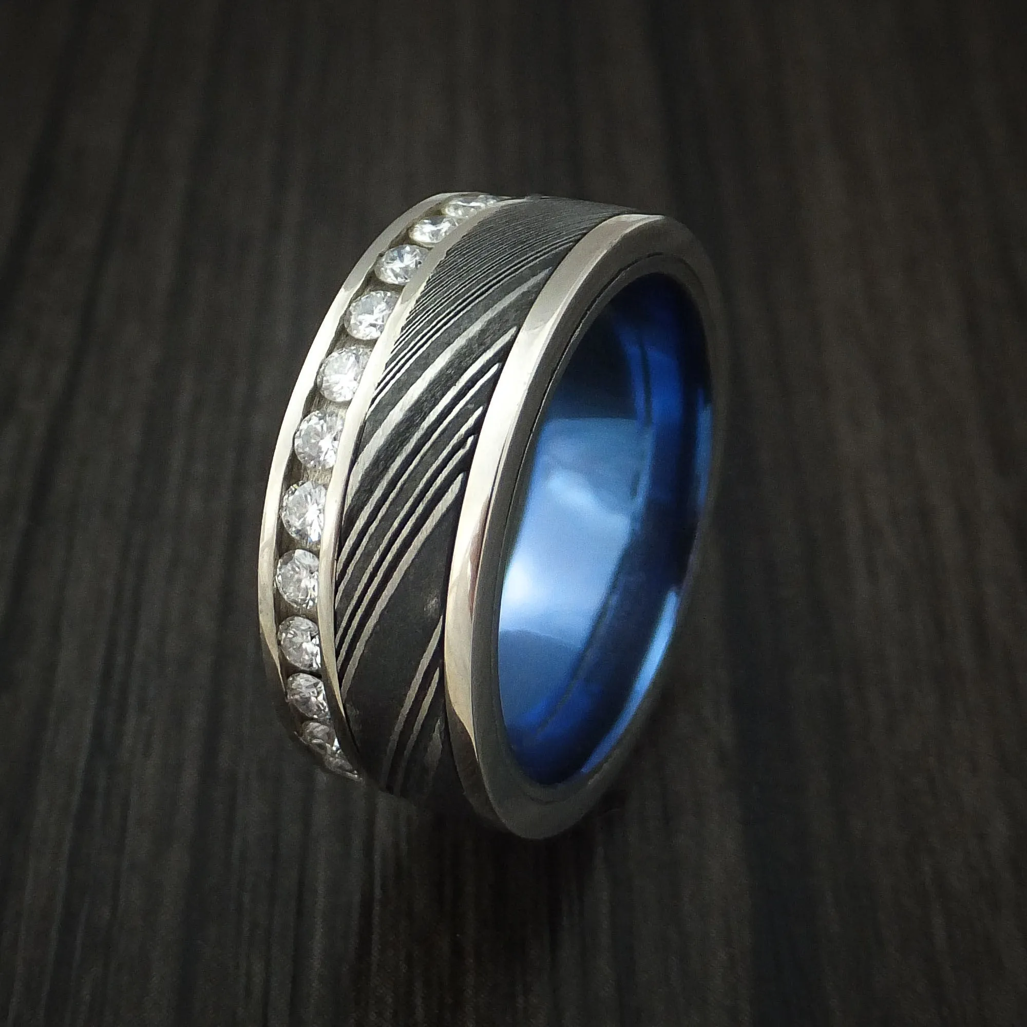14K White Gold and Diamond Eternity Men's Ring with Kuro Damascus Steel and Anodized Titanium Sleeve Custom Made Band