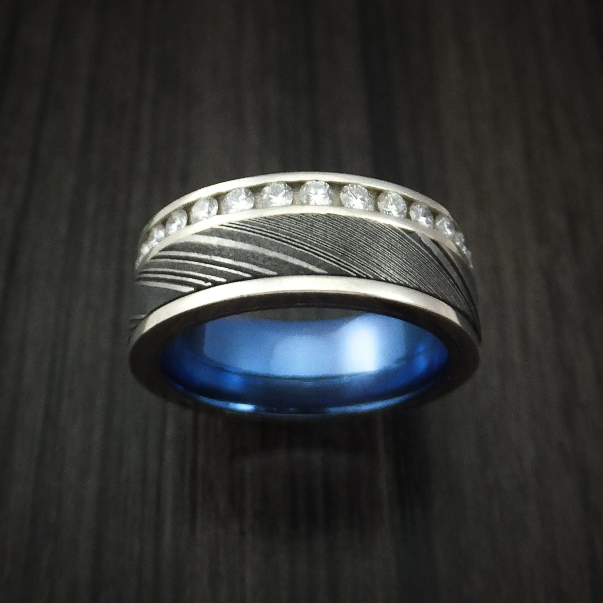 14K White Gold and Diamond Eternity Men's Ring with Kuro Damascus Steel and Anodized Titanium Sleeve Custom Made Band