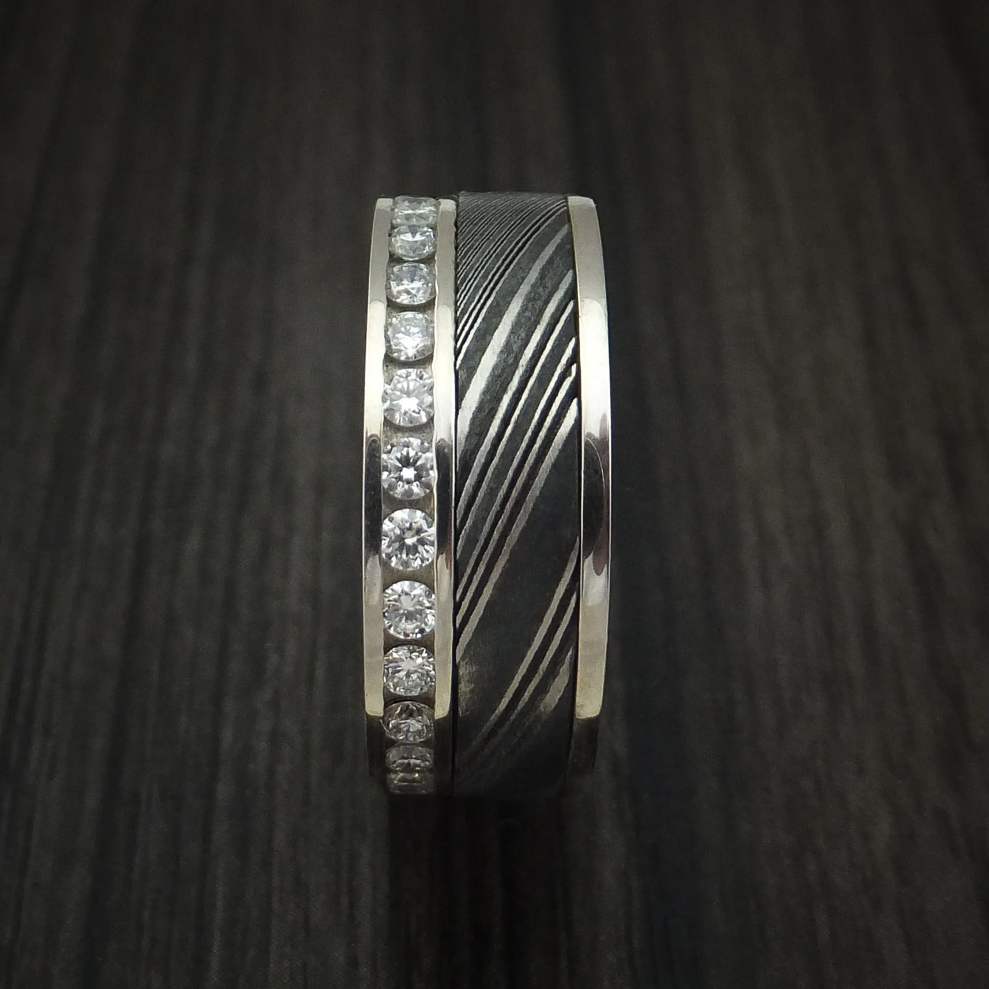 14K White Gold and Diamond Eternity Men's Ring with Kuro Damascus Steel and Anodized Titanium Sleeve Custom Made Band