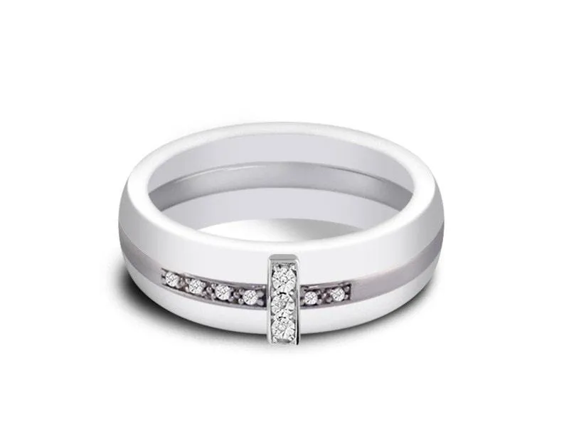 6MM WHITE CERAMIC WEDDING BAND DOME AND SILVER CZ CROSS INLAY
