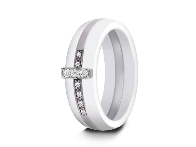 6MM WHITE CERAMIC WEDDING BAND DOME AND SILVER CZ CROSS INLAY