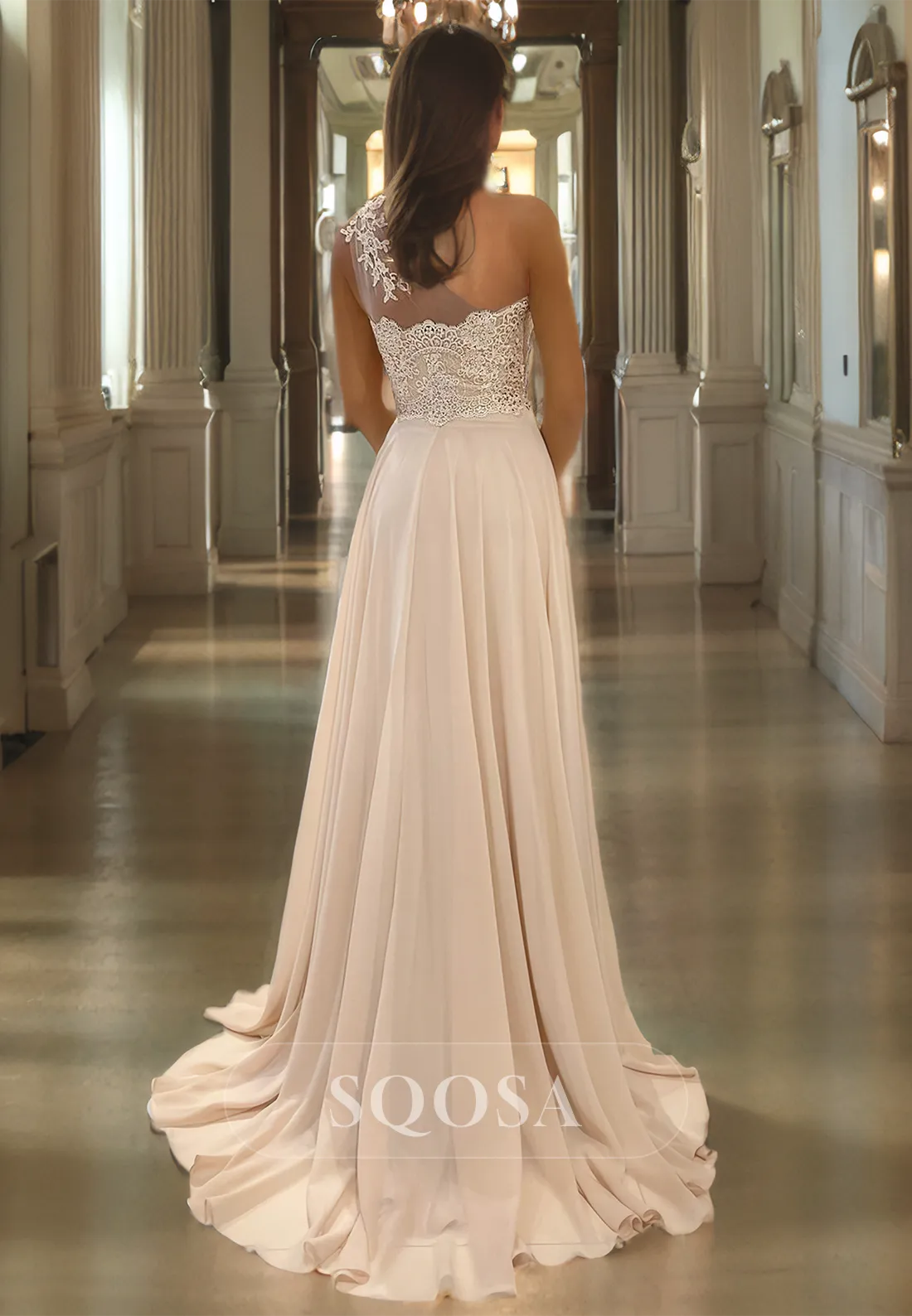 A Line One Shoulder Lace Appliques Chiffon Long Formal Evening Gown with Slit