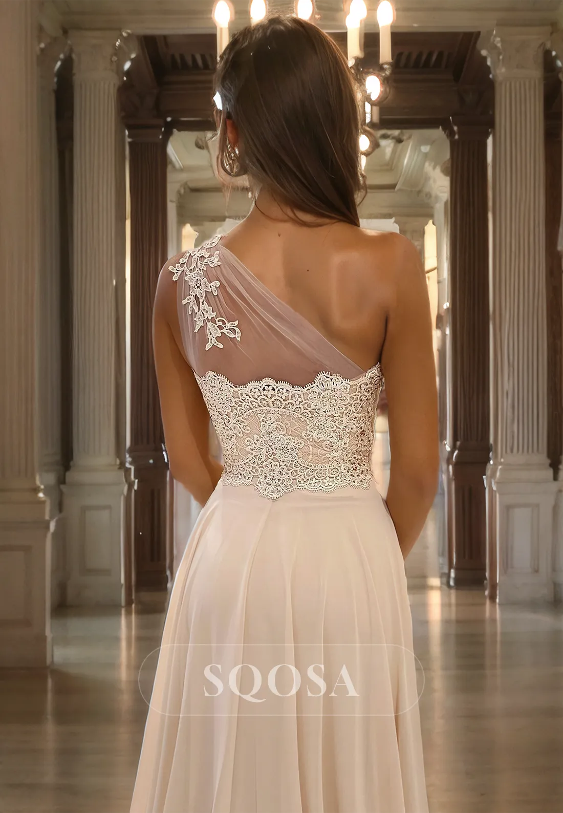 A Line One Shoulder Lace Appliques Chiffon Long Formal Evening Gown with Slit