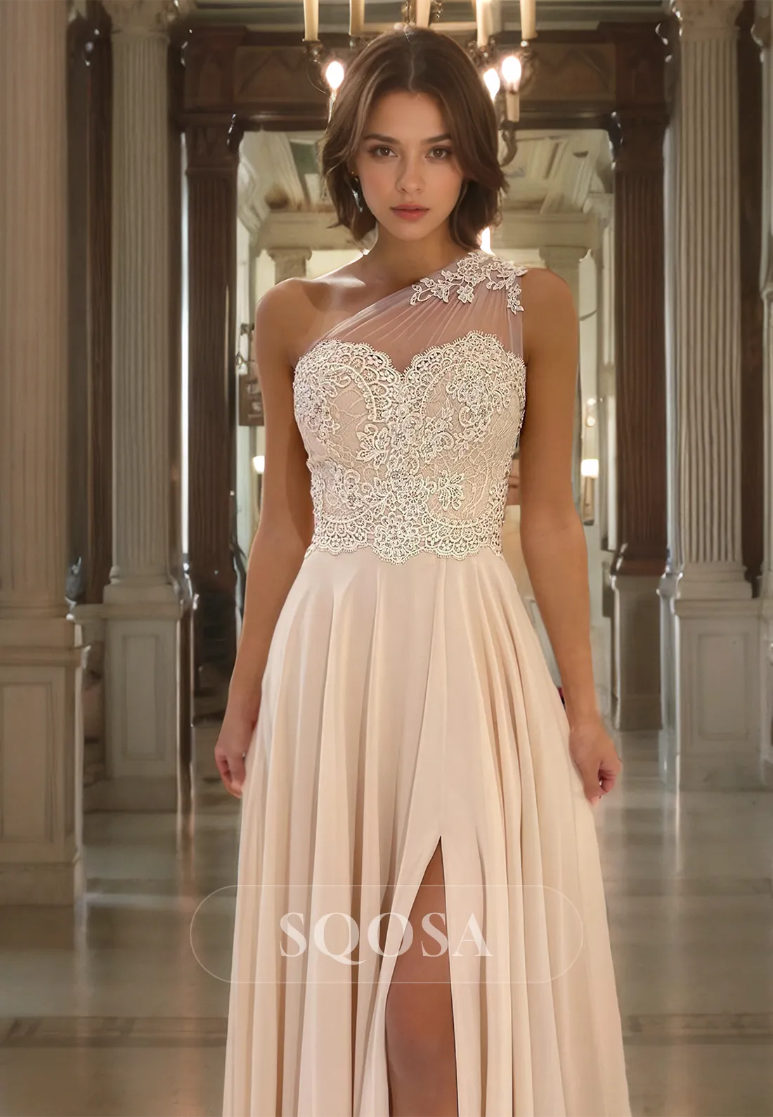 A Line One Shoulder Lace Appliques Chiffon Long Formal Evening Gown with Slit