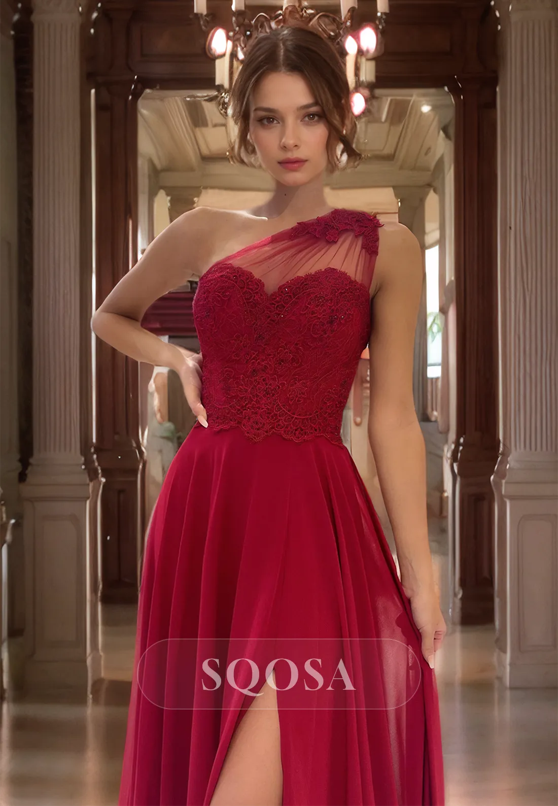 A Line One Shoulder Lace Appliques Side Slit Red Formal Dress Long Prom Dress