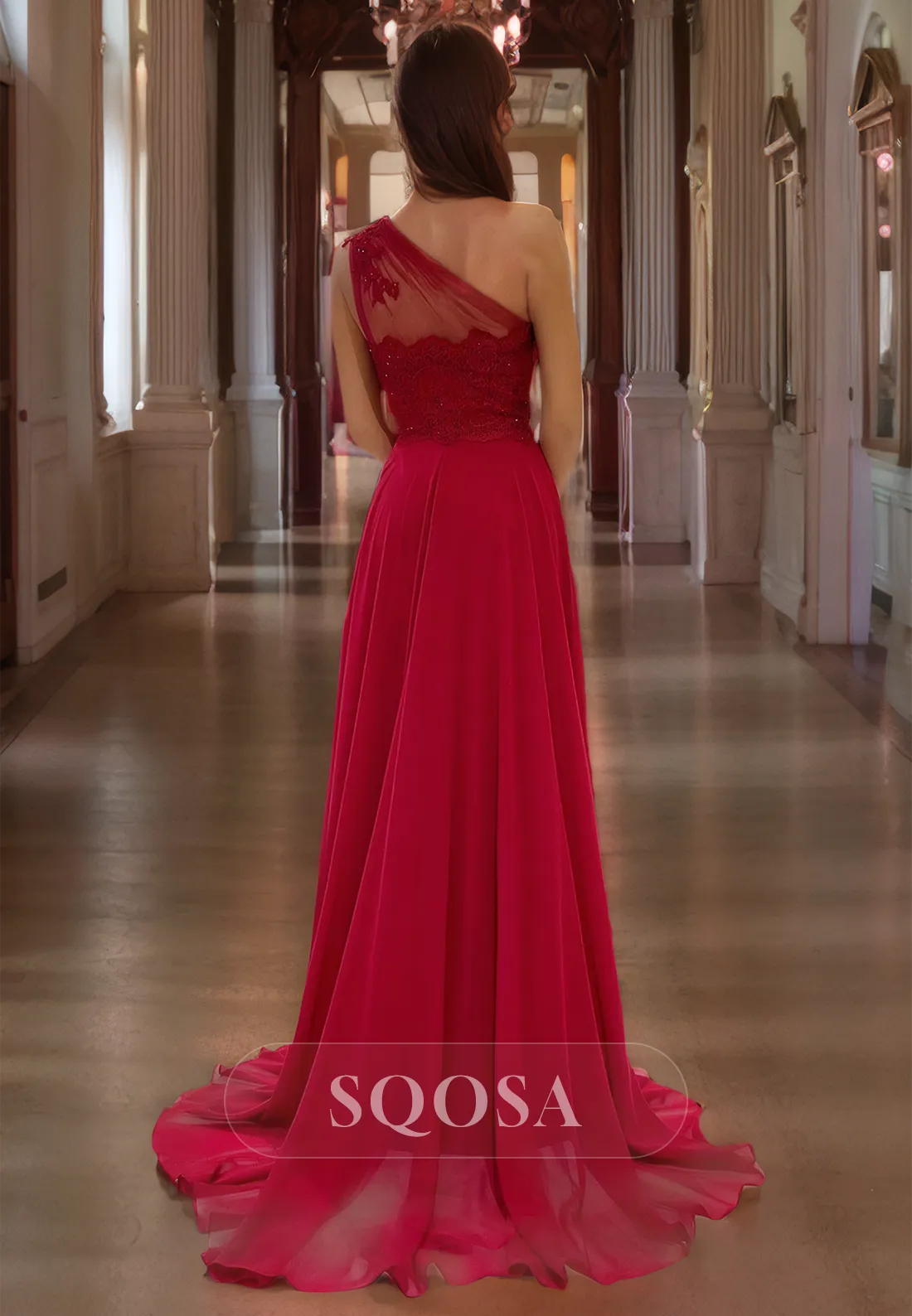 A Line One Shoulder Lace Appliques Side Slit Red Formal Dress Long Prom Dress