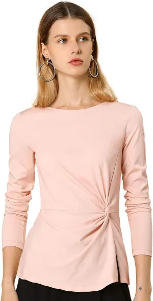 Allegra K Women's Long Sleeve Tops Round Neck Front Twist Tops Ruched Long Sleeve T Shirt
