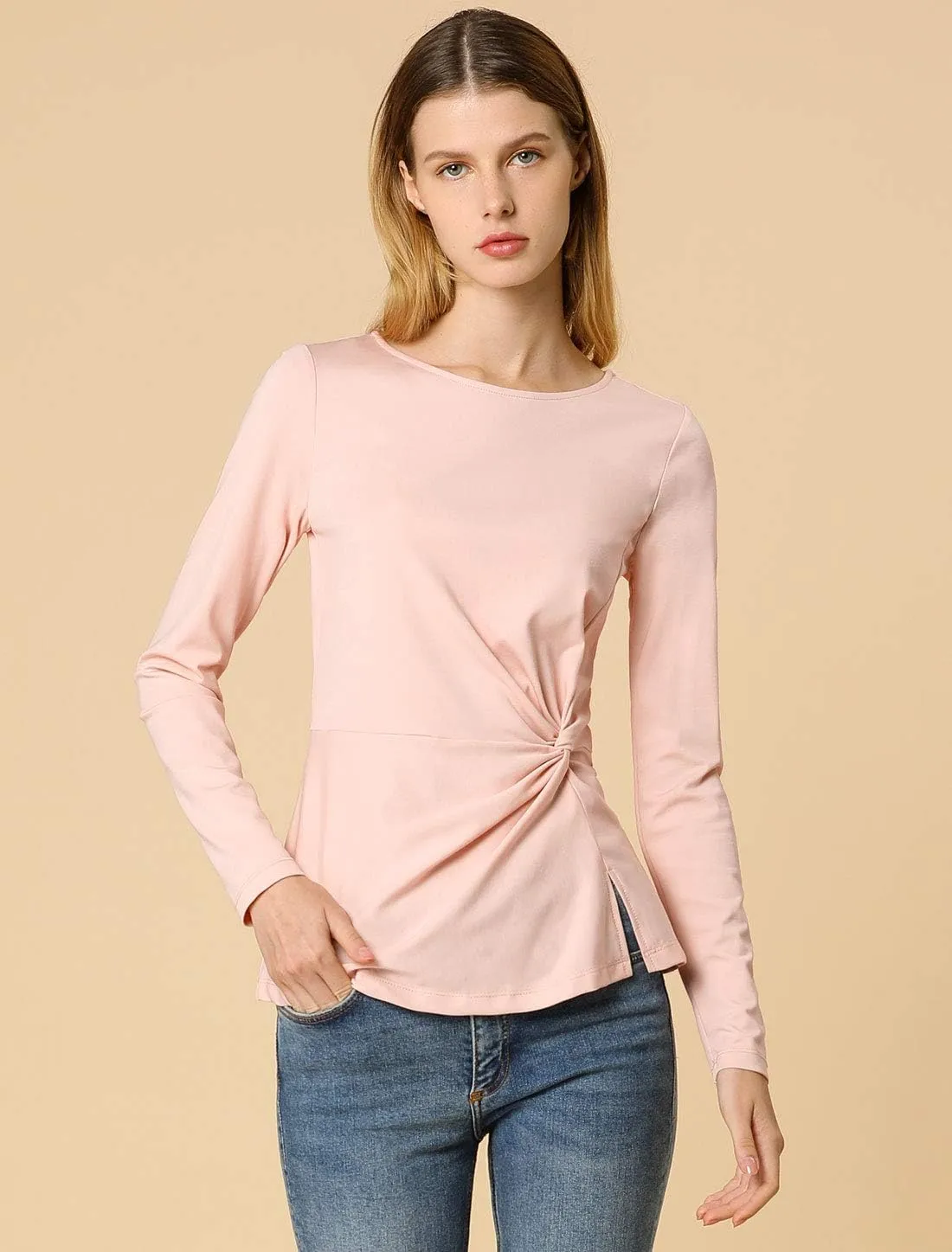 Allegra K Women's Long Sleeve Tops Round Neck Front Twist Tops Ruched Long Sleeve T Shirt