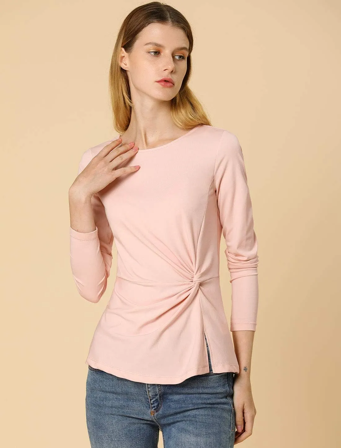 Allegra K Women's Long Sleeve Tops Round Neck Front Twist Tops Ruched Long Sleeve T Shirt