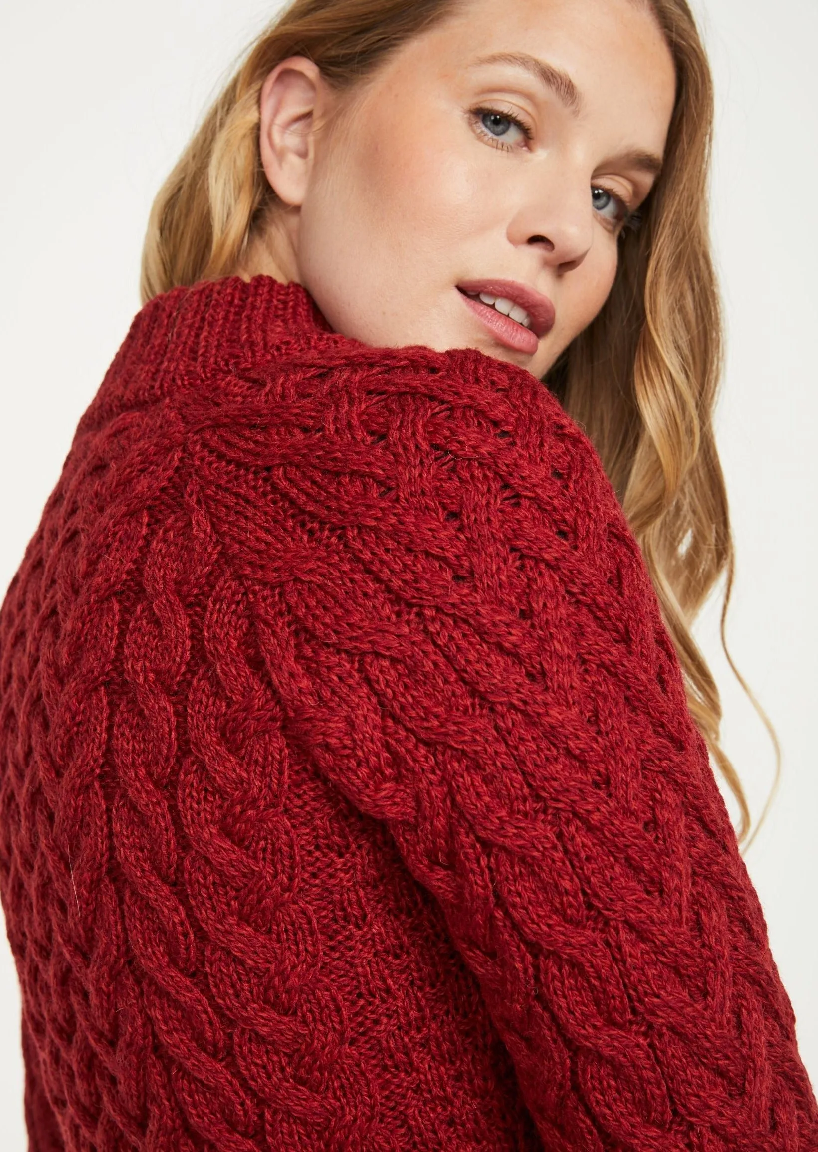 Aran Crew Neck Sweater | Red