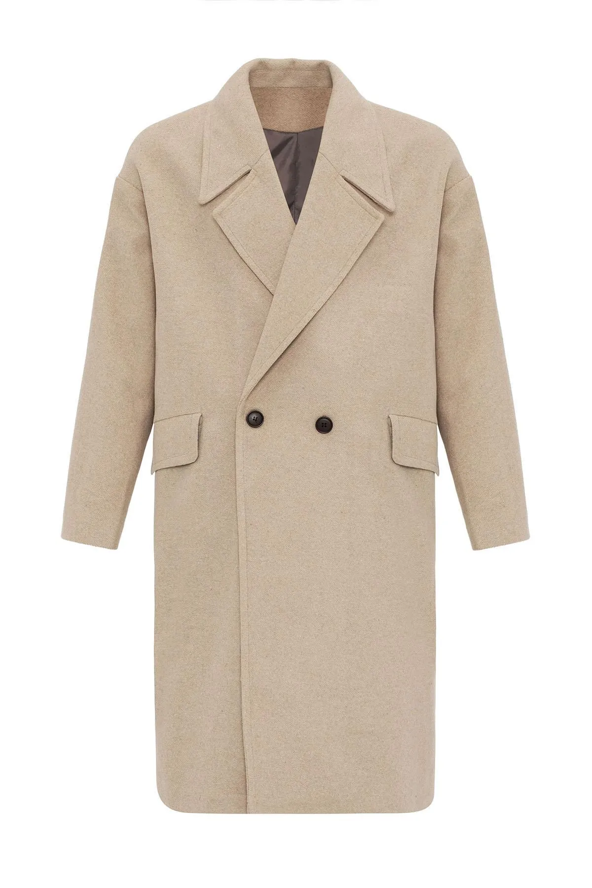 Beige Wool-Blend Double-Breasted Men's Coats - Wessi