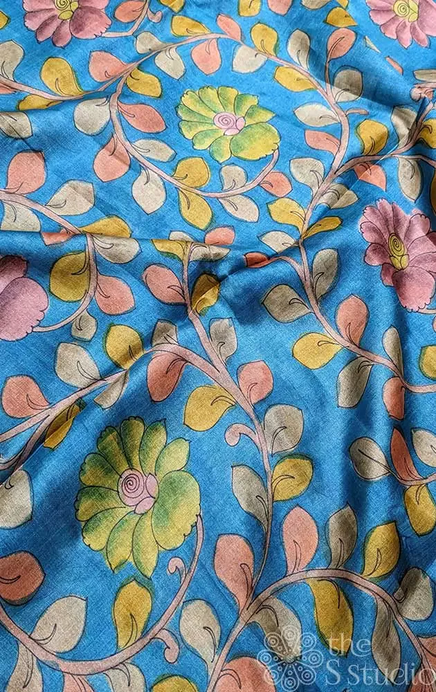 Blue handpainted pen kalamkari tussar material with multicolours