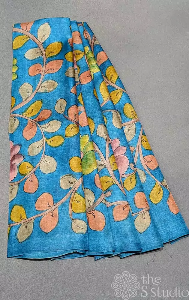 Blue handpainted pen kalamkari tussar material with multicolours