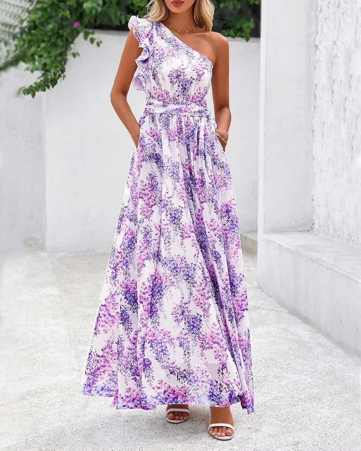 BTFBM Women Summer One Shoulder Floral Wedding Guest Dresses Sleeveless Smocked Ruffle Flowy Beach Vacation Maxi Dress