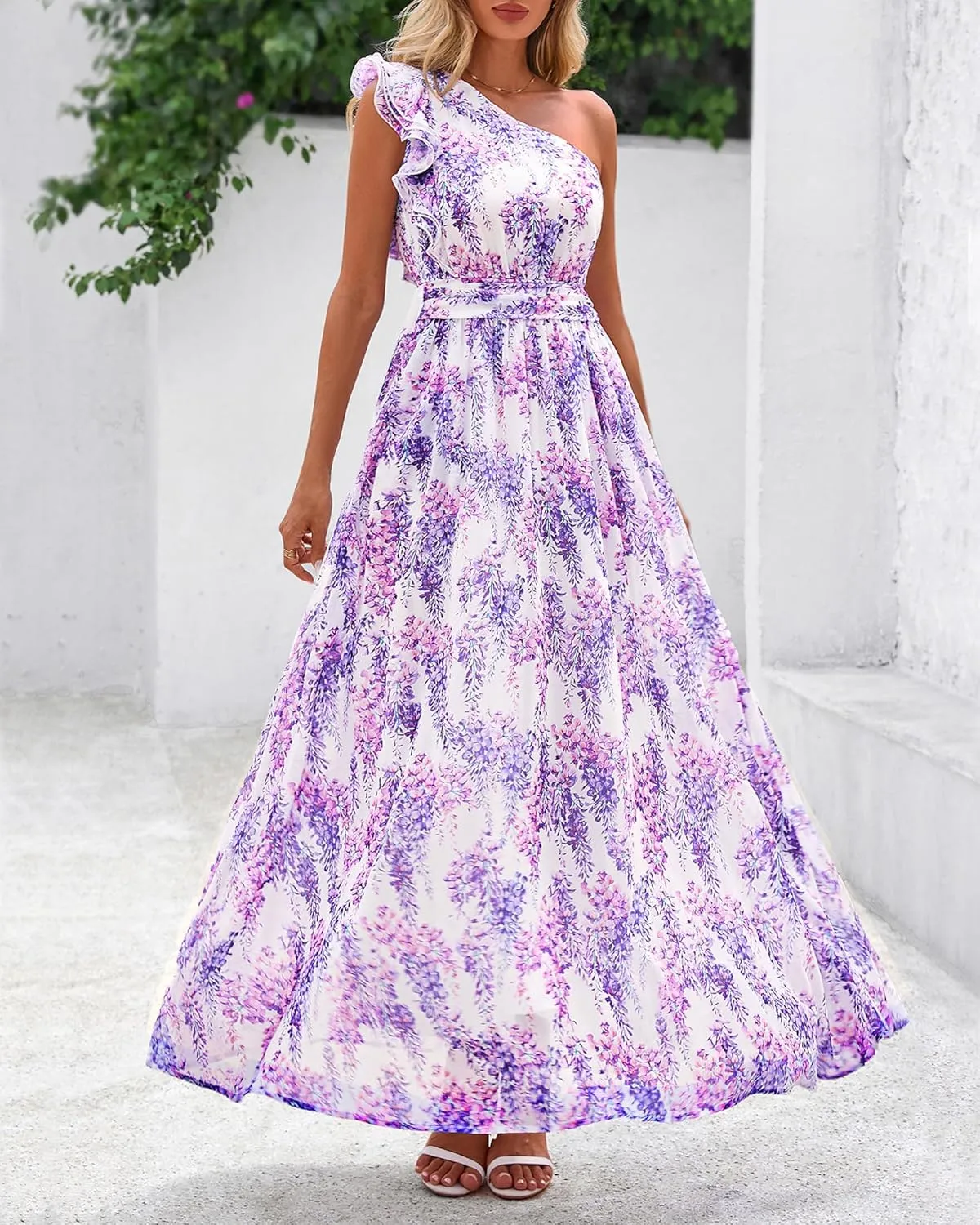 BTFBM Women Summer One Shoulder Floral Wedding Guest Dresses Sleeveless Smocked Ruffle Flowy Beach Vacation Maxi Dress