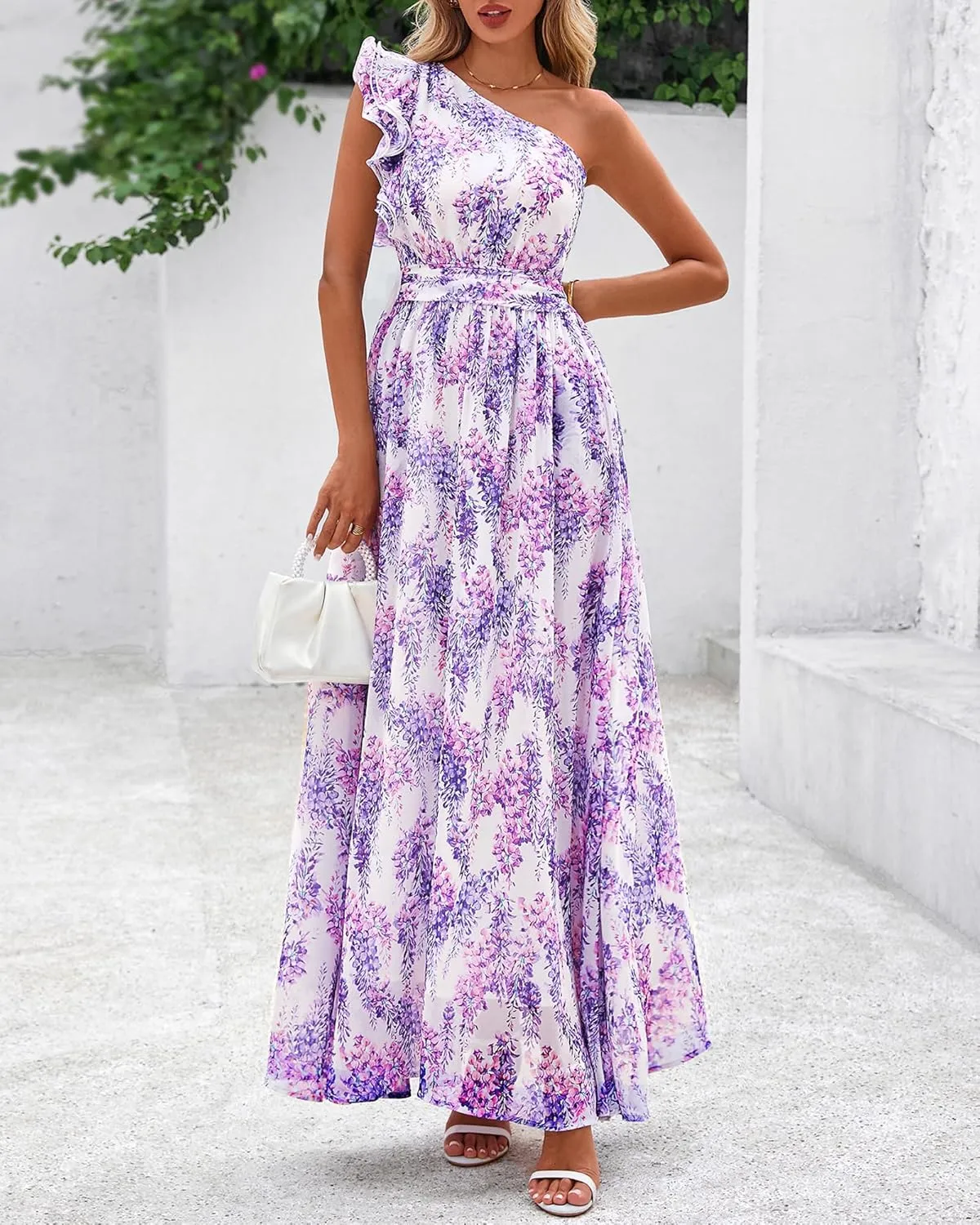 BTFBM Women Summer One Shoulder Floral Wedding Guest Dresses Sleeveless Smocked Ruffle Flowy Beach Vacation Maxi Dress