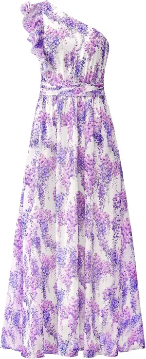 BTFBM Women Summer One Shoulder Floral Wedding Guest Dresses Sleeveless Smocked Ruffle Flowy Beach Vacation Maxi Dress