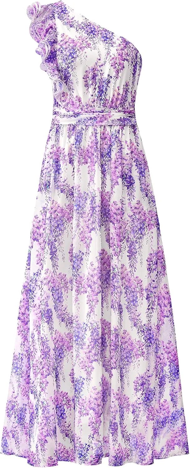 BTFBM Women Summer One Shoulder Floral Wedding Guest Dresses Sleeveless Smocked Ruffle Flowy Beach Vacation Maxi Dress