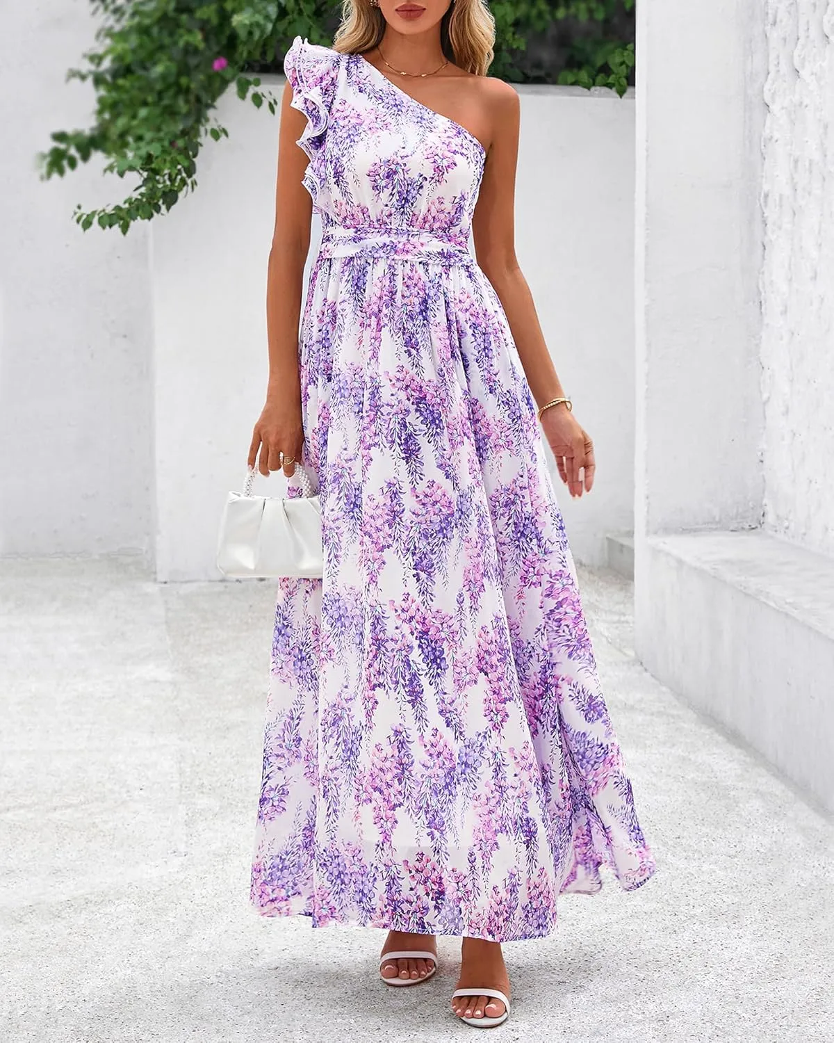 BTFBM Women Summer One Shoulder Floral Wedding Guest Dresses Sleeveless Smocked Ruffle Flowy Beach Vacation Maxi Dress