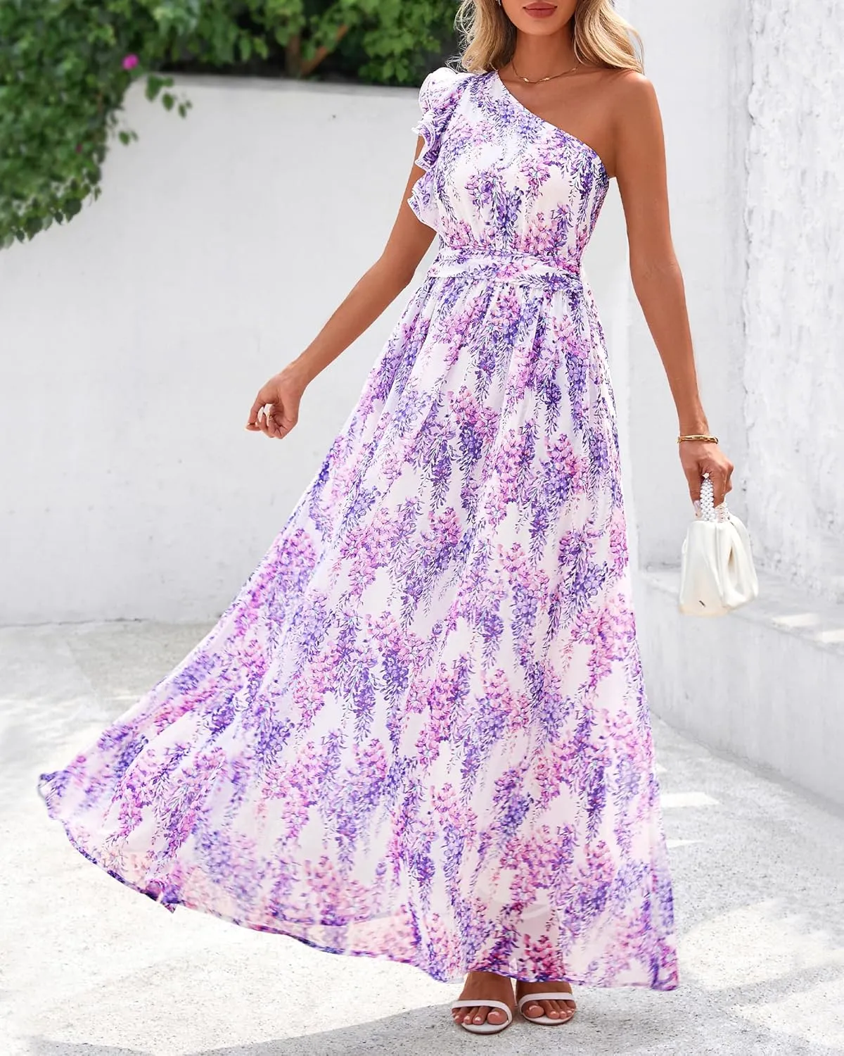 BTFBM Women Summer One Shoulder Floral Wedding Guest Dresses Sleeveless Smocked Ruffle Flowy Beach Vacation Maxi Dress