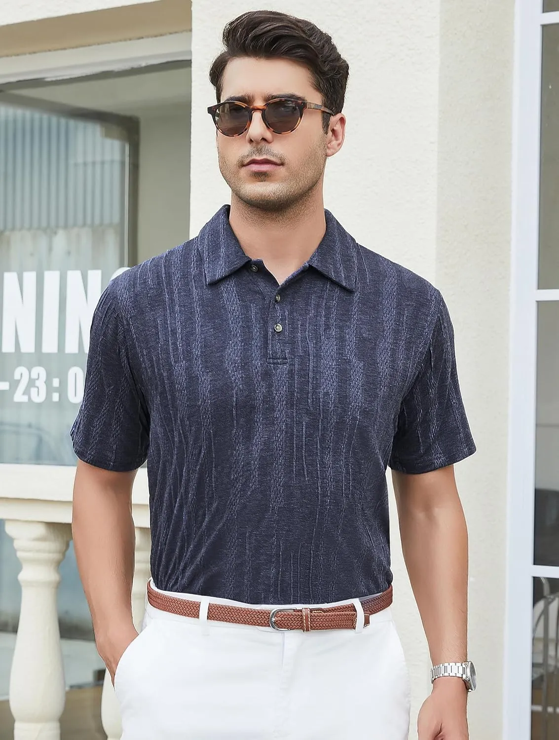 Esabel.C Men's Zipper Polo Shirts Textured Knit Short Sleeve Ribbed Stretchy Polo Shirts for Men