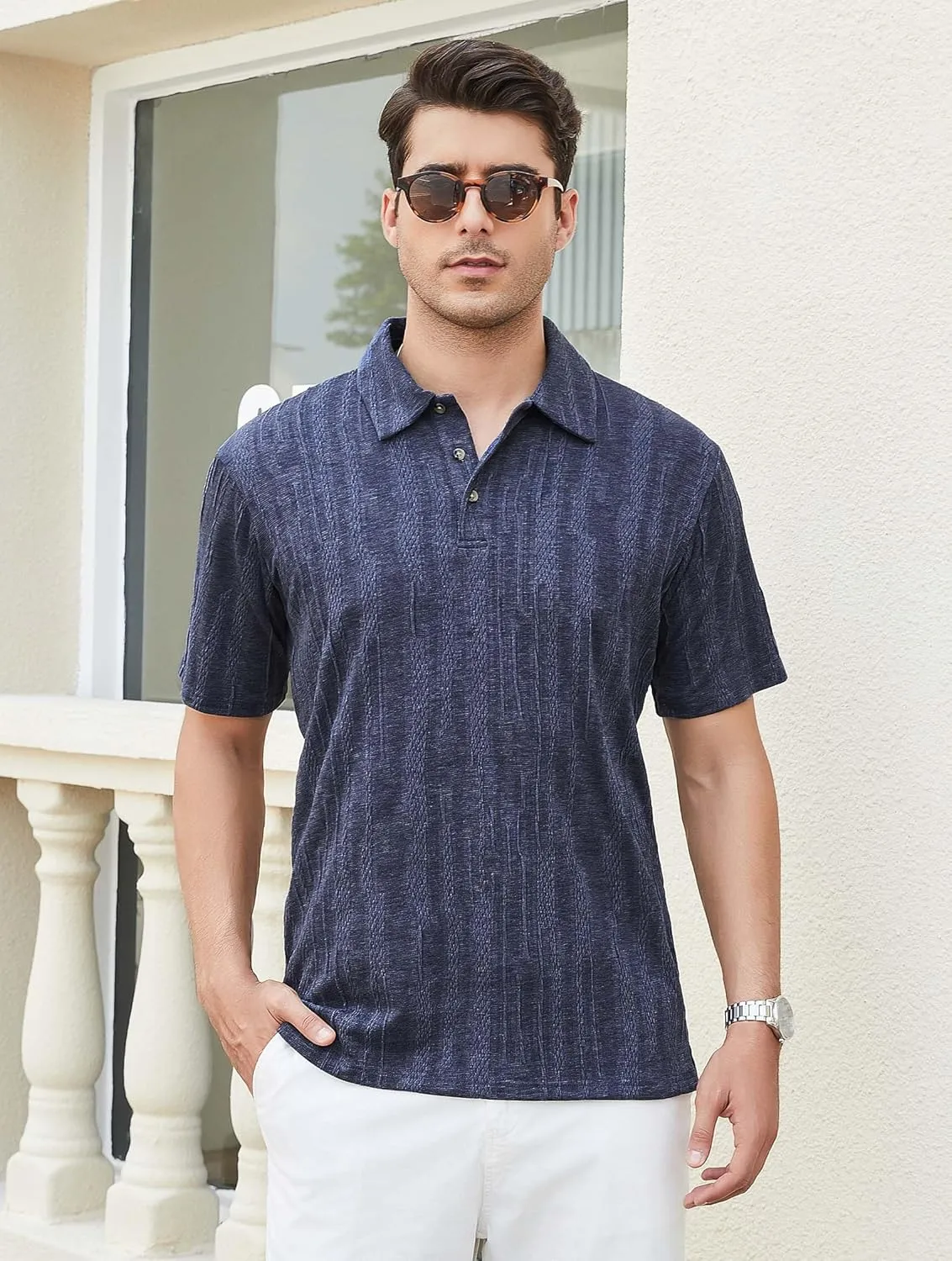 Esabel.C Men's Zipper Polo Shirts Textured Knit Short Sleeve Ribbed Stretchy Polo Shirts for Men