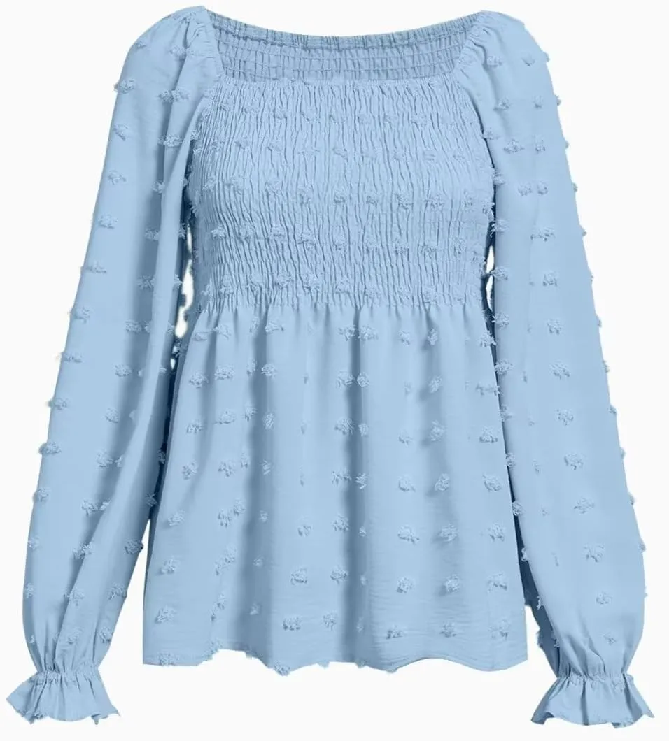 Flamingals Women's Elegant Square Neck Peplum Blouse Long Sleeve Ruffle Smocked Shirred Shirt