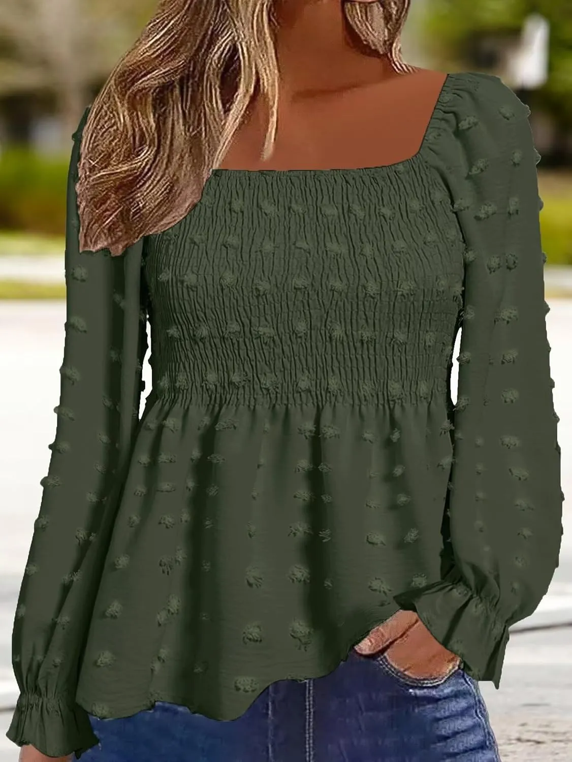Flamingals Women's Elegant Square Neck Peplum Blouse Long Sleeve Ruffle Smocked Shirred Shirt