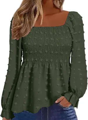 Flamingals Women's Elegant Square Neck Peplum Blouse Long Sleeve Ruffle Smocked Shirred Shirt