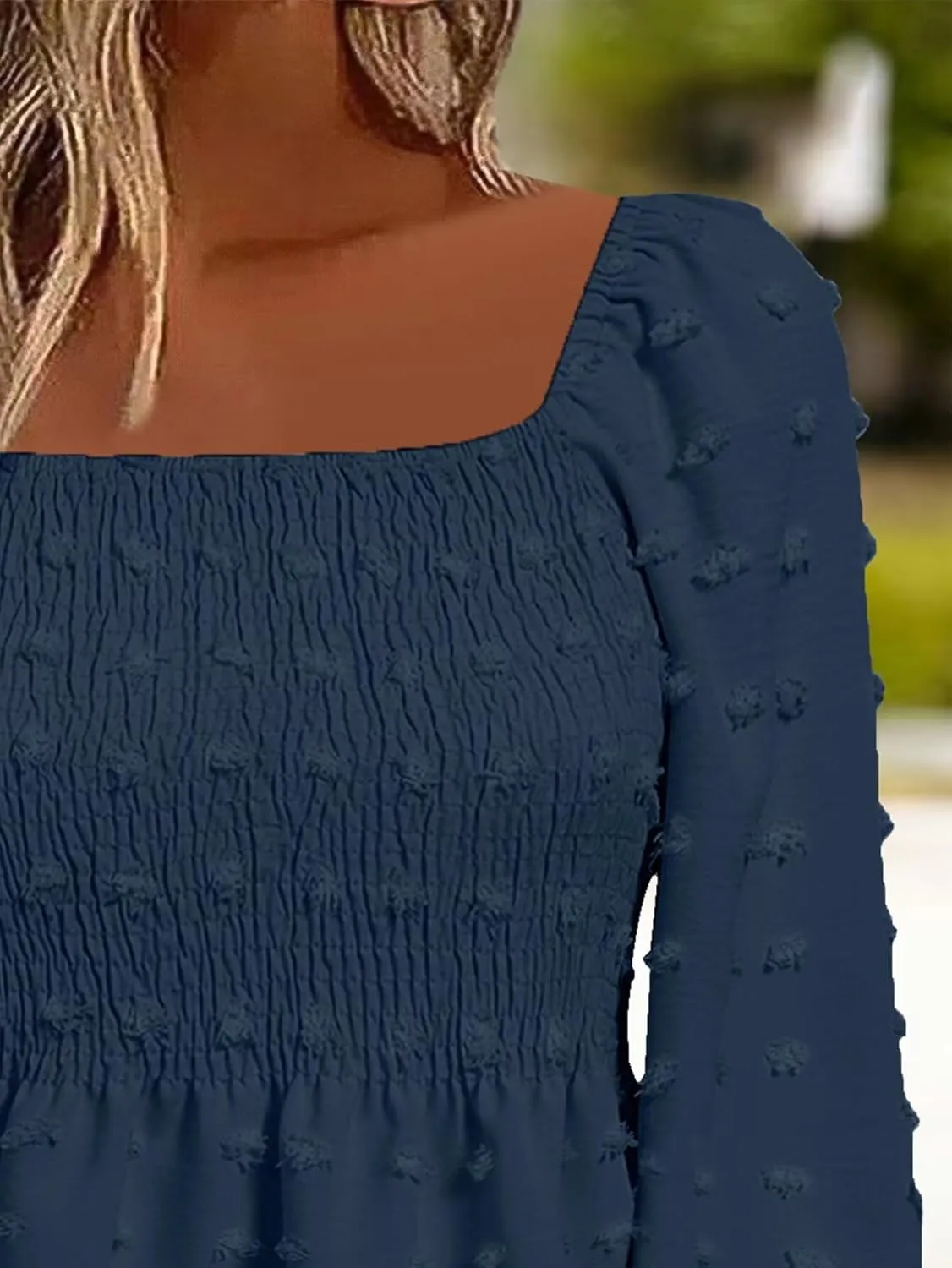 Flamingals Women's Elegant Square Neck Peplum Blouse Long Sleeve Ruffle Smocked Shirred Shirt