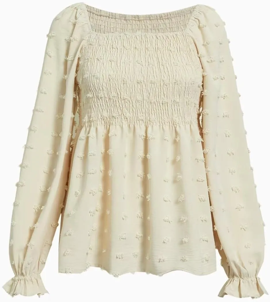 Flamingals Women's Elegant Square Neck Peplum Blouse Long Sleeve Ruffle Smocked Shirred Shirt