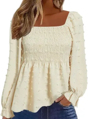 Flamingals Women's Elegant Square Neck Peplum Blouse Long Sleeve Ruffle Smocked Shirred Shirt