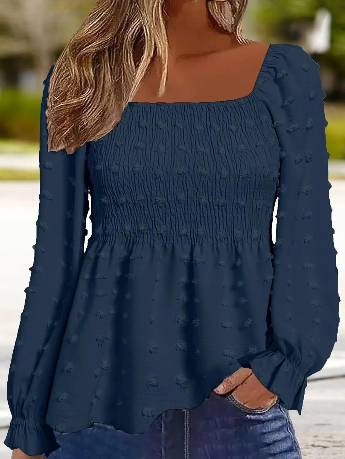 Flamingals Women's Elegant Square Neck Peplum Blouse Long Sleeve Ruffle Smocked Shirred Shirt