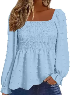 Flamingals Women's Elegant Square Neck Peplum Blouse Long Sleeve Ruffle Smocked Shirred Shirt