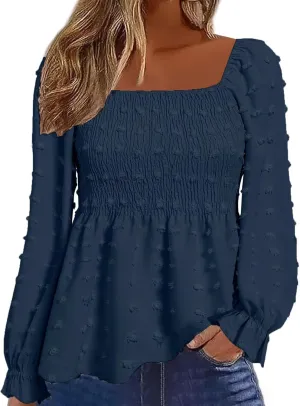 Flamingals Women's Elegant Square Neck Peplum Blouse Long Sleeve Ruffle Smocked Shirred Shirt