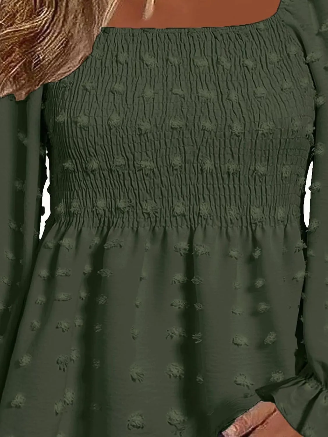 Flamingals Women's Elegant Square Neck Peplum Blouse Long Sleeve Ruffle Smocked Shirred Shirt