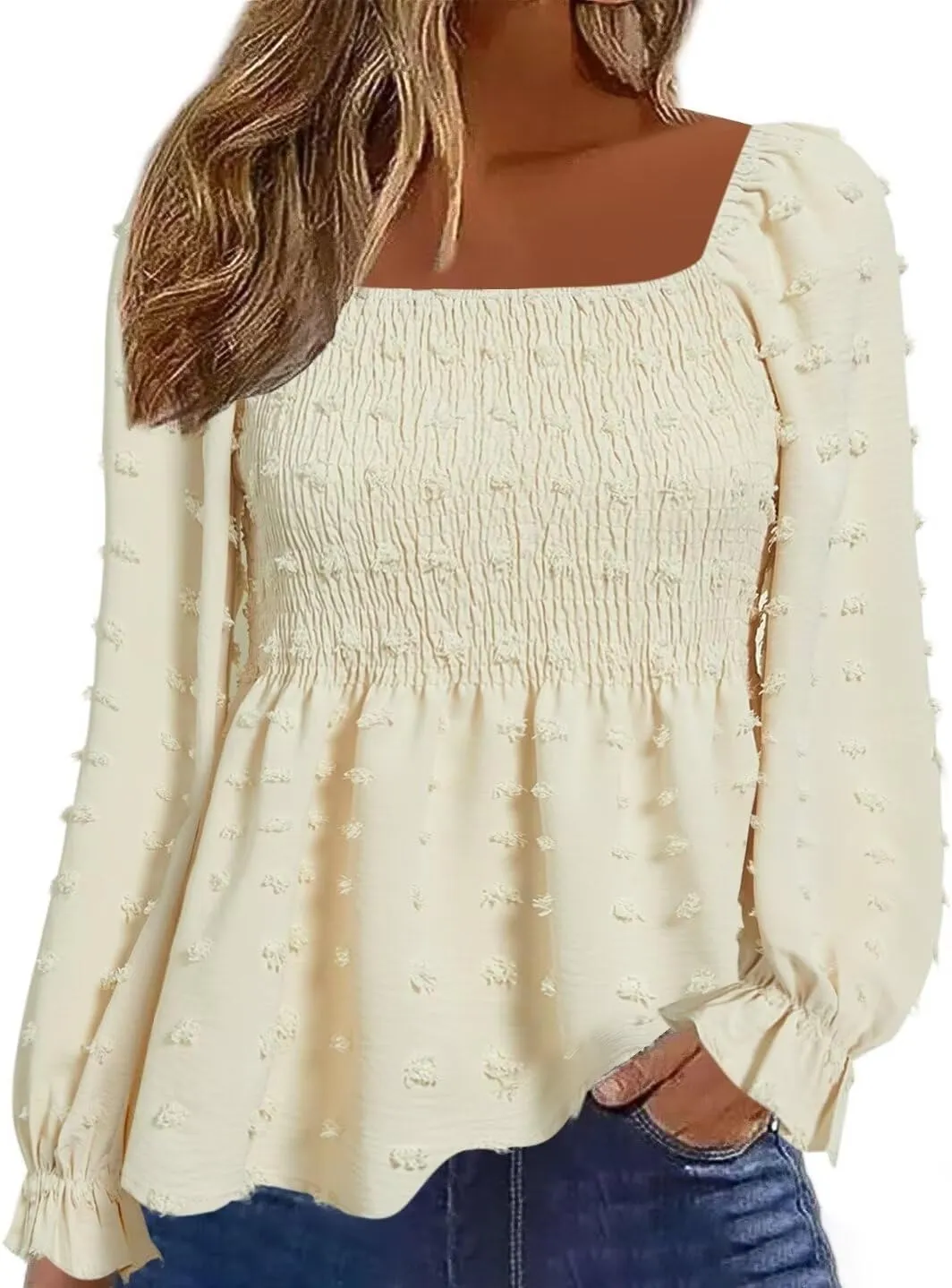 Flamingals Women's Elegant Square Neck Peplum Blouse Long Sleeve Ruffle Smocked Shirred Shirt