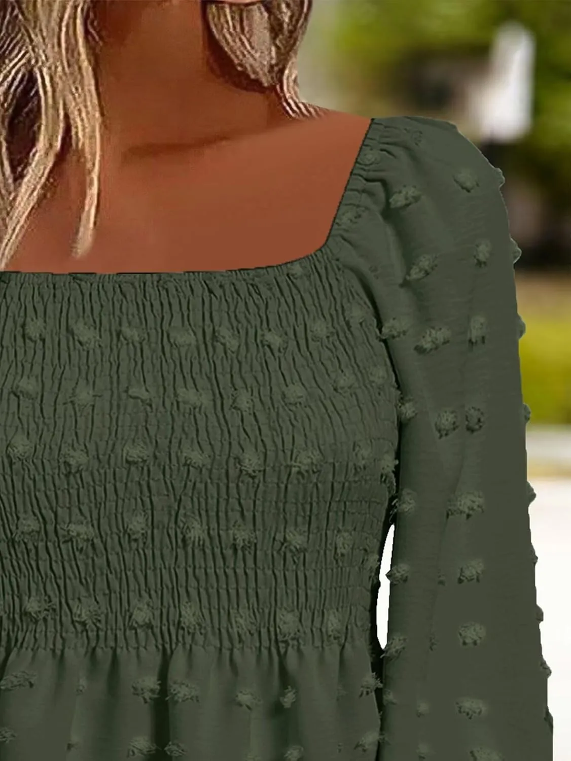 Flamingals Women's Elegant Square Neck Peplum Blouse Long Sleeve Ruffle Smocked Shirred Shirt