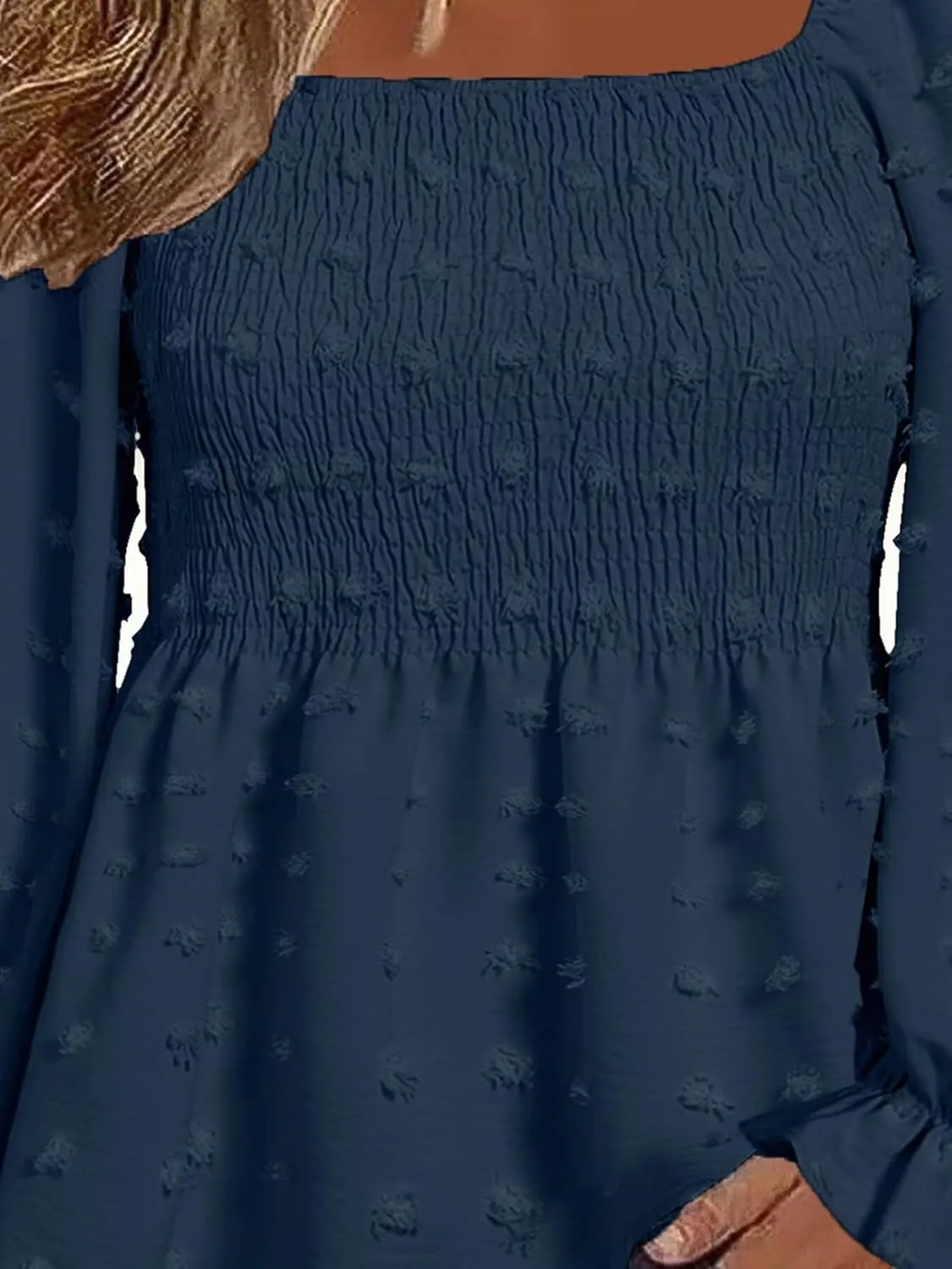 Flamingals Women's Elegant Square Neck Peplum Blouse Long Sleeve Ruffle Smocked Shirred Shirt