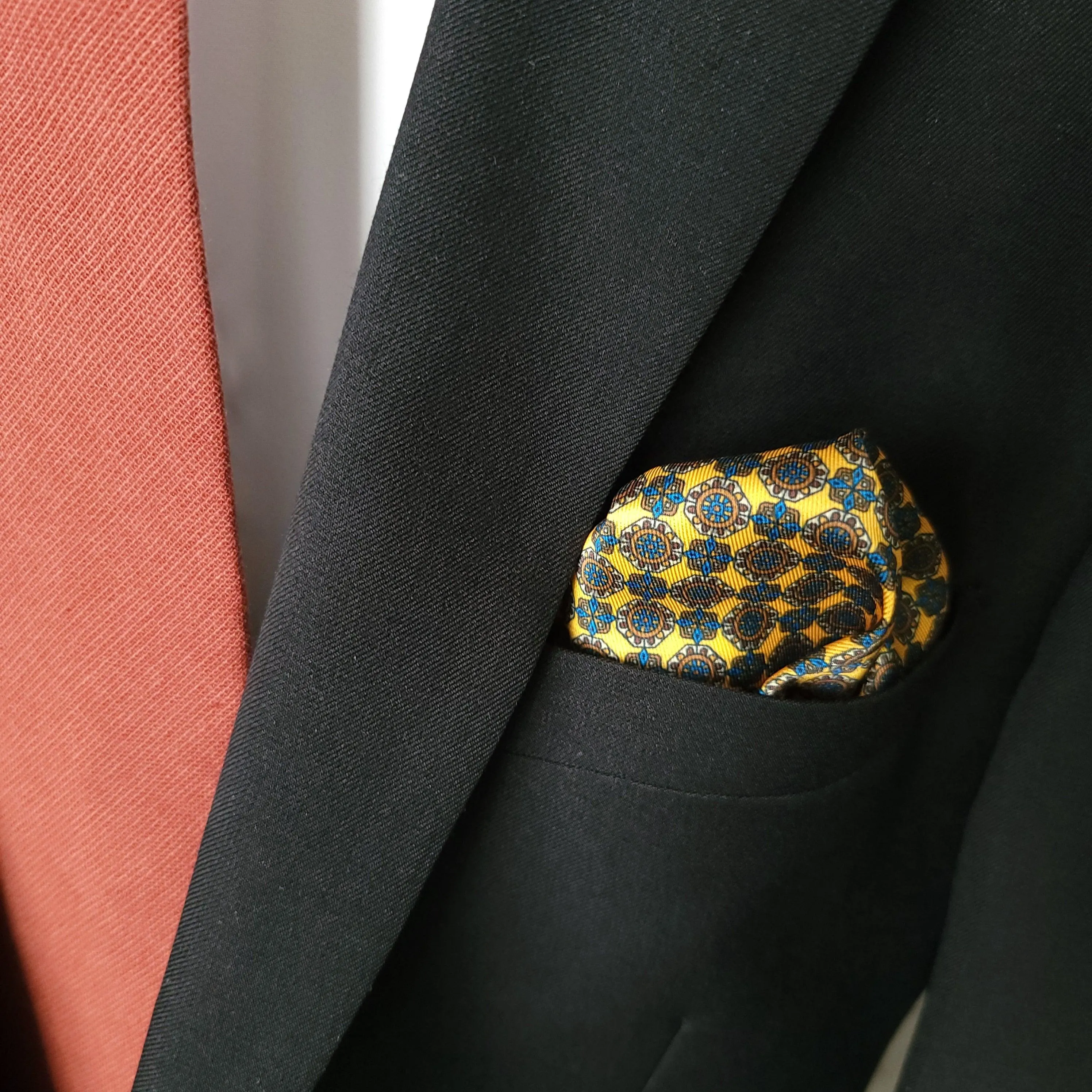 Golden Yellow Blue Dot Stylish and Elegant Silk Pocket Square