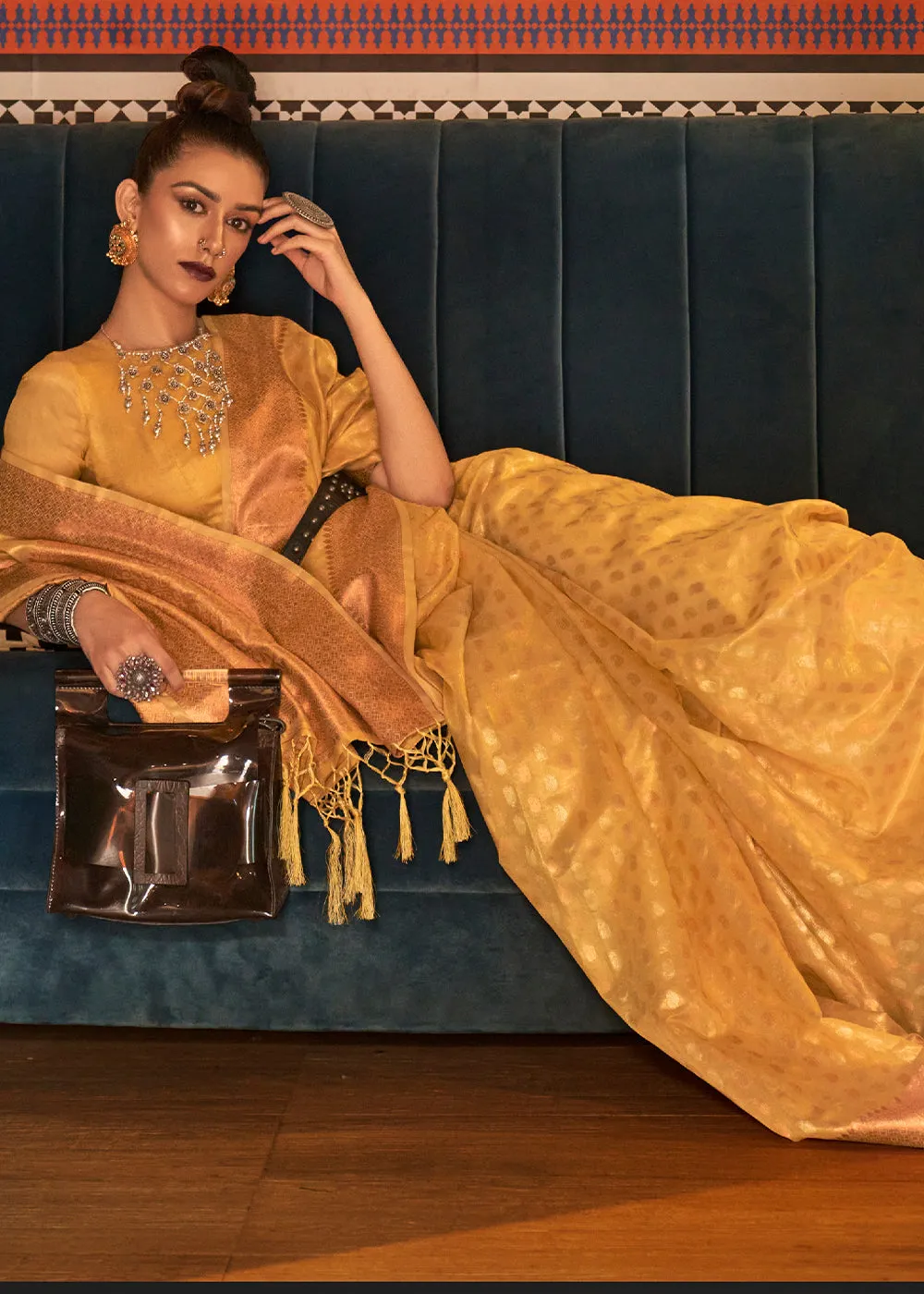 Honey Mustard Zari Woven Tissue Silk Saree