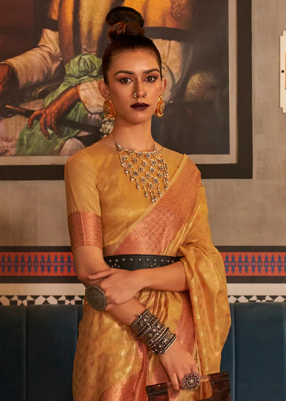 Honey Mustard Zari Woven Tissue Silk Saree