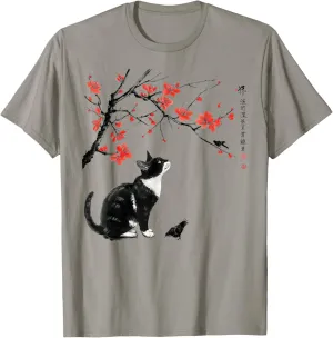 Japanese Nature art: Cat and bird with Cherry Blossom tree T-Shirt