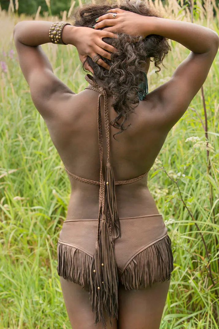 Kyra Leather Bikini Set, Fringe Booty Shorts and Bikini Top | Deerskin Lace Up Front Top & Bottom