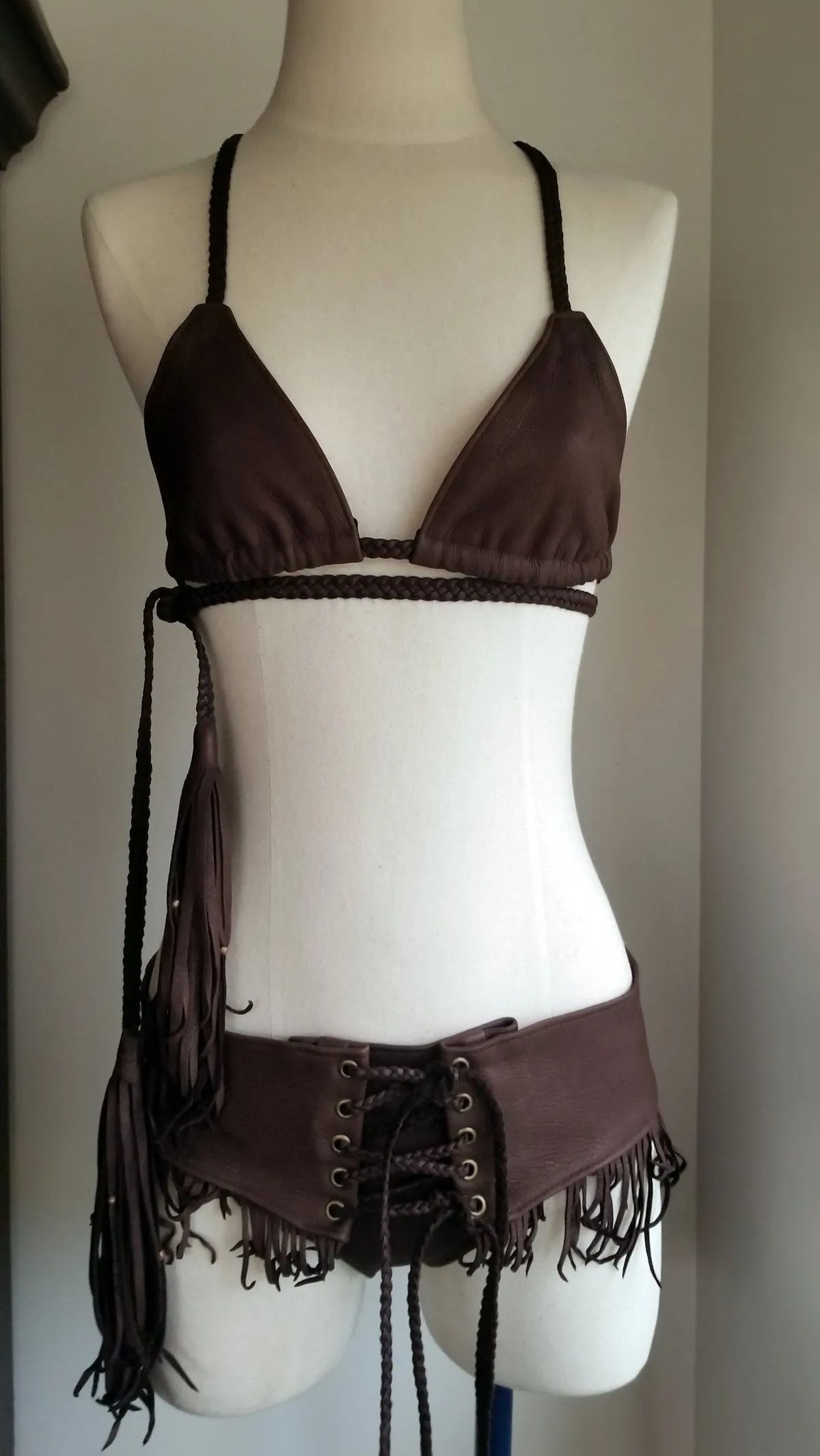 Kyra Leather Bikini Set, Fringe Booty Shorts and Bikini Top | Deerskin Lace Up Front Top & Bottom