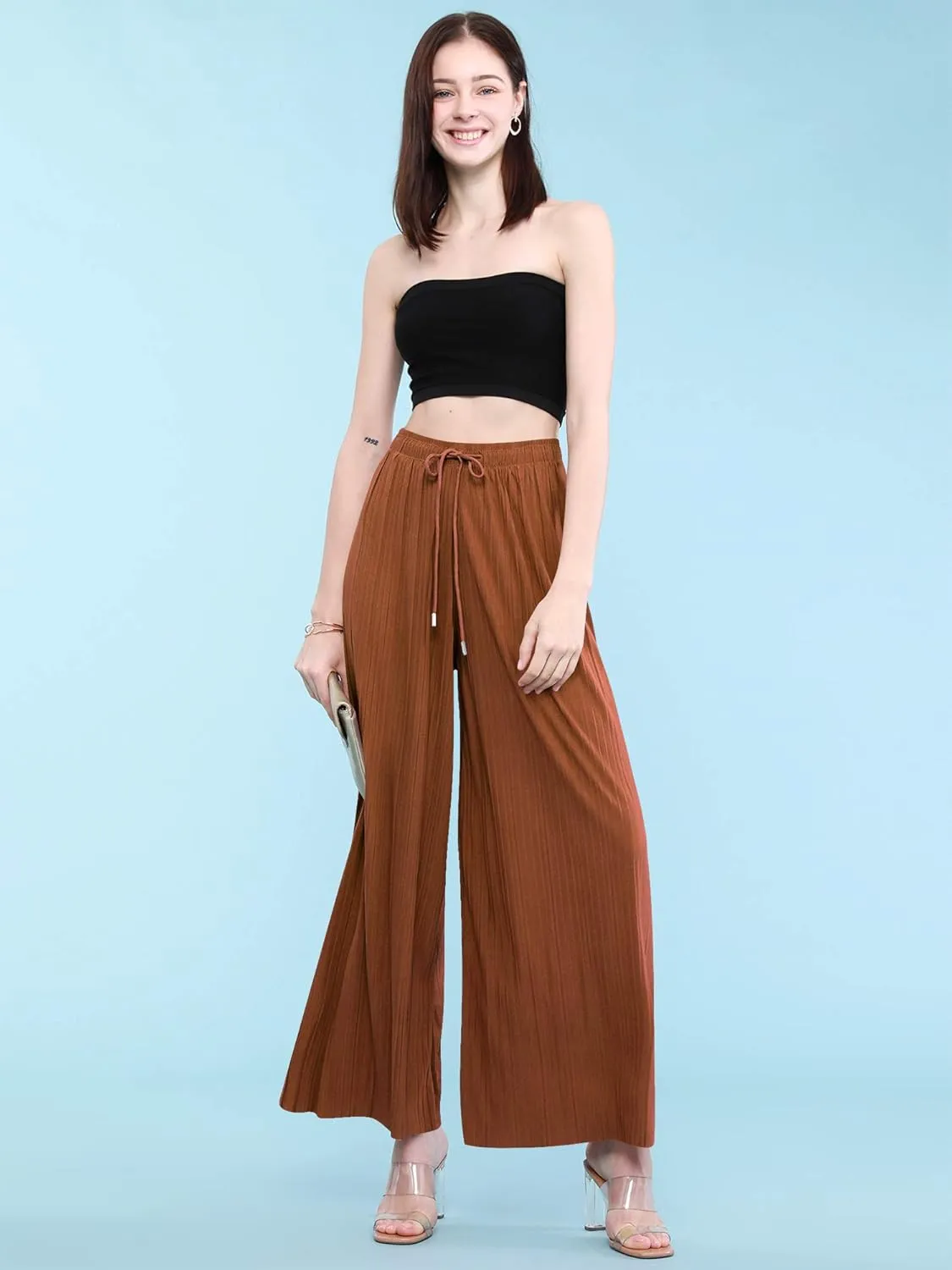 Lock and Love Womens Pleated Wide Leg Palazzo Maxi Pants with Drawstring or Elastic Band