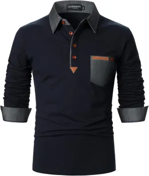 Long Sleeve Polo Shirts for Men Stylish Patchwork Contrasting Color Golf Polos Cotton Polo Shirt Tops with Pocket