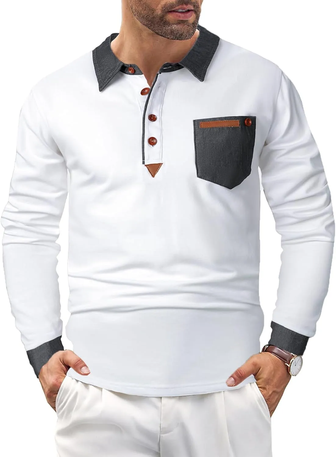 Long Sleeve Polo Shirts for Men Stylish Patchwork Contrasting Color Golf Polos Cotton Polo Shirt Tops with Pocket